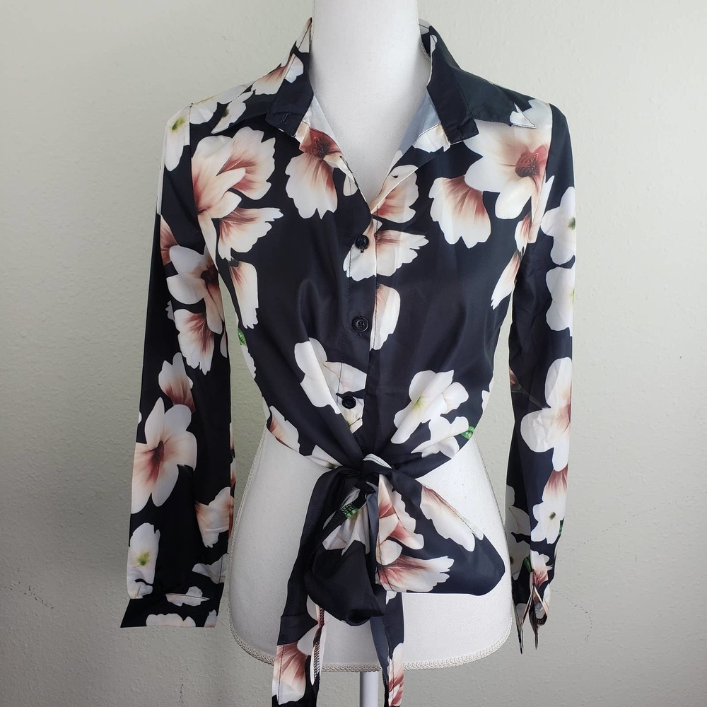 Chic Me Long Sleeve Button Down Tie Front Crop Top